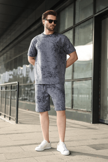 Lacivert Batik Desenli Overfit Şort T-shirt Takım E7357