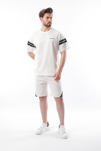Ekru Şerit Detaylı Erkek Şort T-shirt Takım E7301