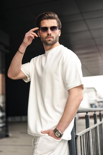 Ekru Bisiklet Yaka Oversize Erkek Şort T-shirt Takım E7355