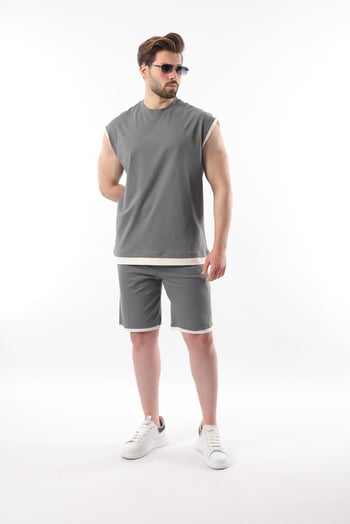 Füme  Sıfır Kol Erkek Şort T-shirt Takım E7308