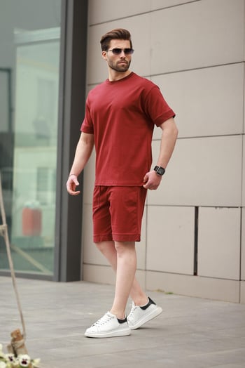 Bordo Baskılı %100 Pamuklu Erkek Şort Tişört Takım E7312