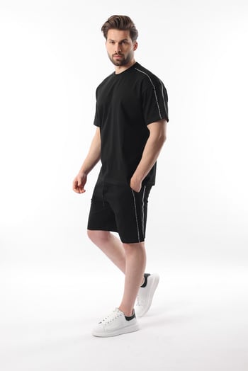 Siyah Overfit Baskılı Erkek Şort T-shirt Takım E7302