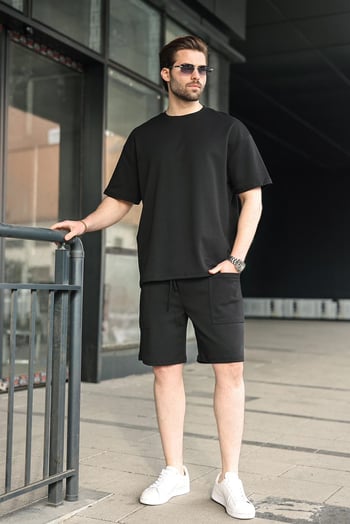 Siyah Bisiklet Yaka Oversize Erkek Şort T-shirt Takım E7355