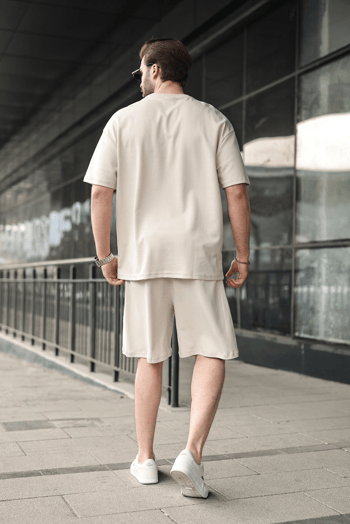 Taş Rengi Bisiklet Yaka Oversize Erkek Şort T-shirt Takım E7355