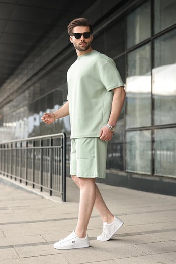 Çağla Yeşili Bisiklet Yaka Oversize Erkek Şort T-shirt Takım E7355