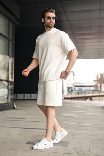 Ekru Bisiklet Yaka Oversize Erkek Şort T-shirt Takım E7355