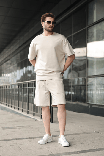 Taş Rengi Bisiklet Yaka Oversize Erkek Şort T-shirt Takım E7355