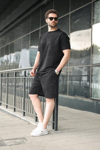 Siyah Batik Desenli Overfit Şort T-shirt Takım E7357