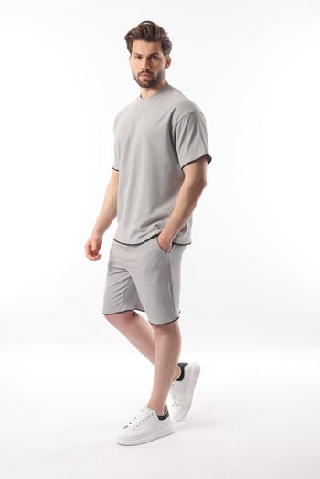 Boyalı Gri Nakış Detaylı Erkek Şort T-shirt Takım E7305