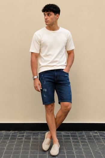 Koyu Mavi Normal Bel Erkek Jean Şort 6349