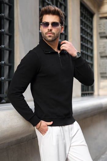 Siyah Dik Yaka Yarım Fermuarlı Erkek Sweatshirt E7211