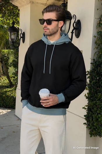 Siyah Renk Bloklu Kapüşonlu Sweatshirt 7073
