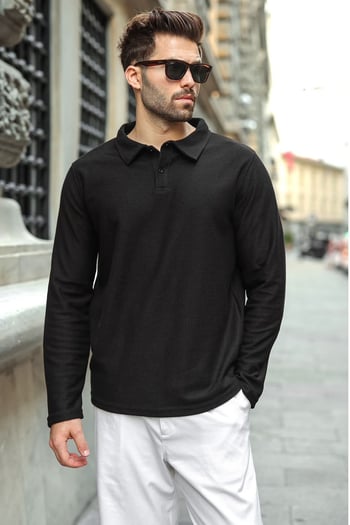 Siyah Gömlek Yaka Dokulu Regular Fit Erkek Sweatshirt E7203