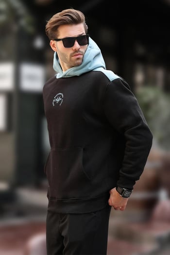 Siyah Kapüşonlu Renk Bloklu Nakış Detaylı Erkek Sweatshirt 7088