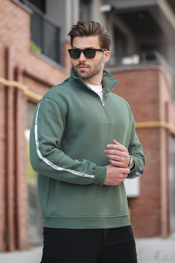 Haki Fermuarlı Yarım Balıkçı Yaka Erkek Sweatshirt E7164