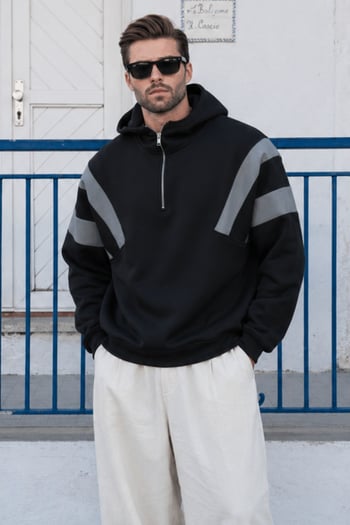 Siyah Fermuarlı Yaka Kapüşonlu Erkek Sweatshirt E7161