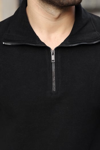 Siyah Dik Yaka Yarım Fermuarlı Erkek Sweatshirt E7211