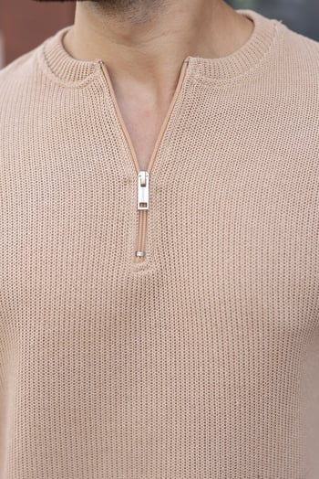 Bej Bisiklet Yaka Fermuar Detaylı Erkek Triko Sweatshirt E7209