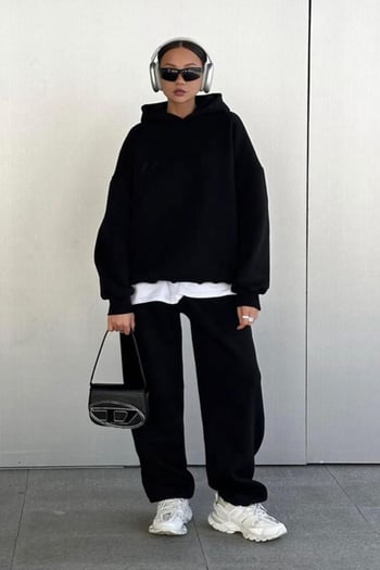 Siyah Kapüşonlu Şardonlu Oversize Cepli Sweatshirt MG2206