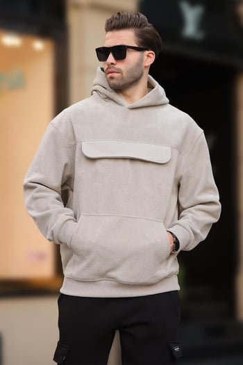 Boyalı Gri Kapüşonlu Kapaklı Cep Detaylı Polar Erkek Sweatshirt 7097