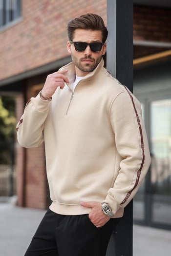 Bej Fermuarlı Yarım Balıkçı Yaka Erkek Sweatshirt E7164