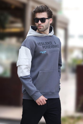 Füme Kapüşonlu Cep Detaylı Baskılı Erkek Sweatshirt 7058