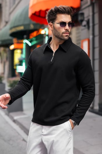 Siyah Fermuarlı Polo Yaka Dokulu Erkek Sweatshırt E7197