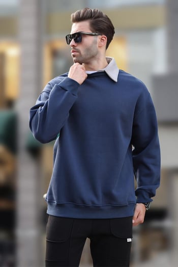 Lacivert Polo Yaka Erkek Sweatshirt 7086
