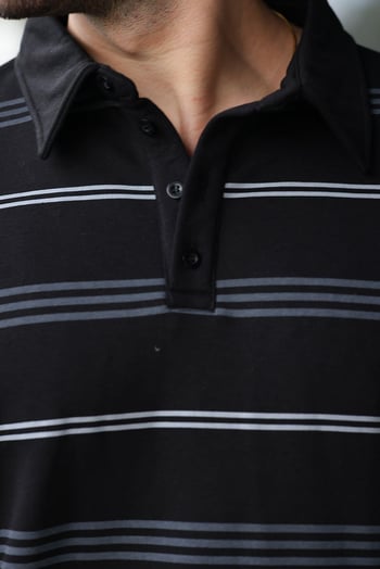 Siyah Çizgili Polo Yaka Erkek Sweatshirt E7172
