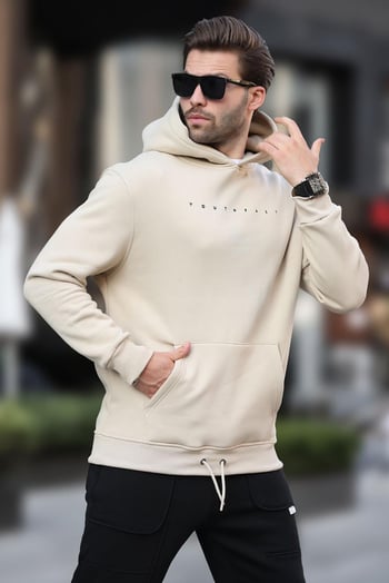 Bej Kapüşonlu Baskılı Erkek Sweatshirt 7077
