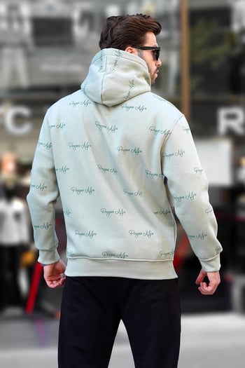 Çağla Yeşili Baskılı Kapşonlu Cep Detaylı Erkek Sweatshirt 7075
