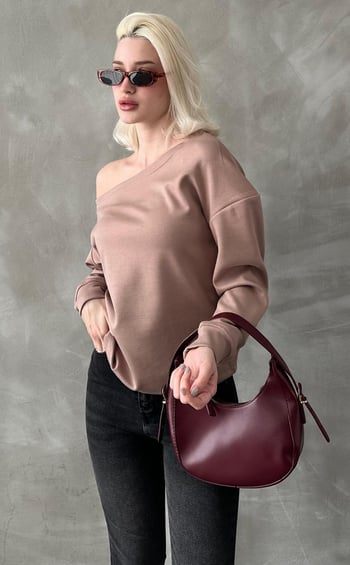 Bej Kayık Yaka Basic Sweatshirt MG2228