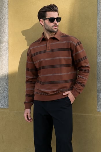 Kahverengi Çizgili Polo Yaka Erkek Sweatshirt E7172