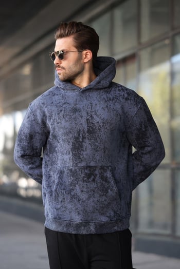 Lacivert Desenli Kapüşonlu Erkek Sweatshirt E7167