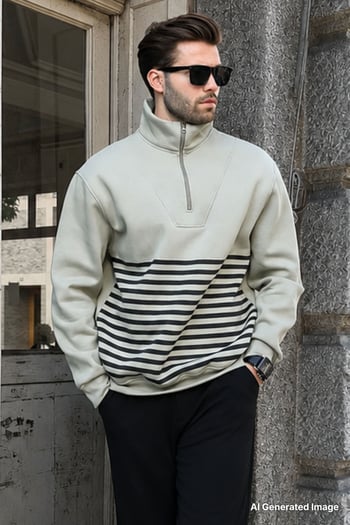 Çağla Yeşili Fermuar Yakalı Çizgili Sweatshirt 7056