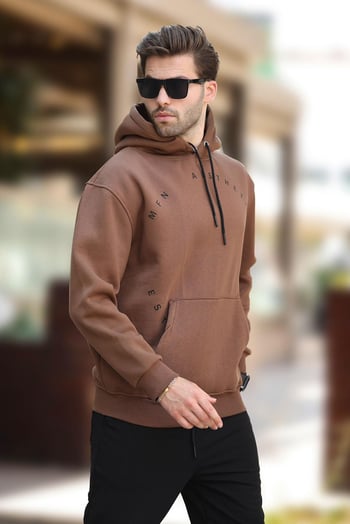 Kapüşonlu Kahverengi Nakışlı Cep Detaylı Overfit Erkek Sweatshirts 7054