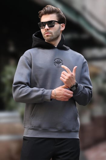 Füme Kapüşonlu Renk Bloklu Nakış Detaylı Erkek Sweatshirt 7088