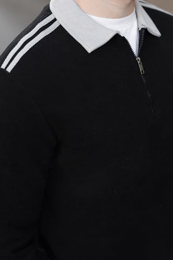 Siyah Şerit Detaylı Polo Yaka Erkek Sweatshirt E7212  