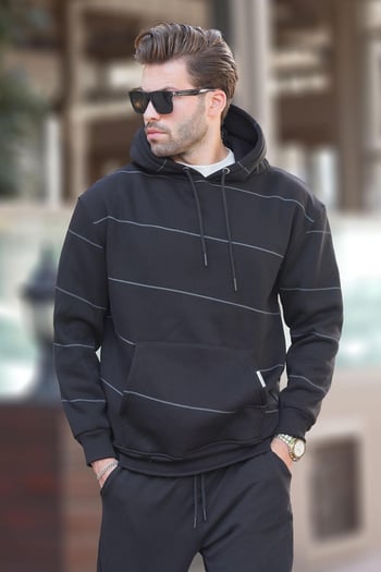 Siyah Kapüşonlu Cep Detaylı Çizgili Erkek Sweatshirt 7063