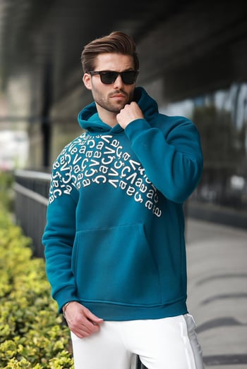 Petrol Yeşili Baskılı Kapüşonlu Erkek Sweatshirt E7160