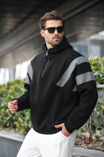 Siyah Fermuarlı Yaka Kapüşonlu Erkek Sweatshirt E7161
