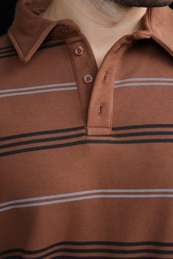 Kahverengi Çizgili Polo Yaka Erkek Sweatshirt E7172
