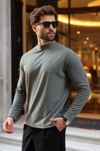 Haki Yarım Balıkçı Yaka Slim Fit Erkek Sweatshirt E7202