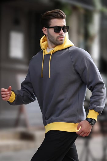 Füme Renk Bloklu Kapüşonlu Sweatshirt 7073