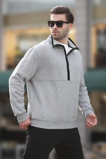 Gri Dik Yaka Yarım Fermuarlı Sweatshirt 7079