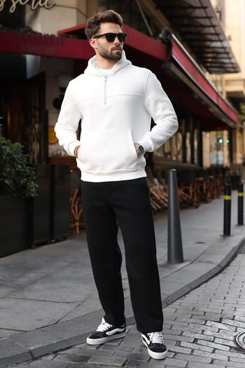 Ekru Kanguru Cepli Kapüşonlu Erkek Sweatshirt E7218