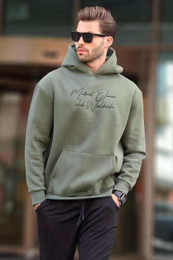 Haki Kapüşonlu Cep Detaylı Baskılı Erkek Sweatshirt 7064