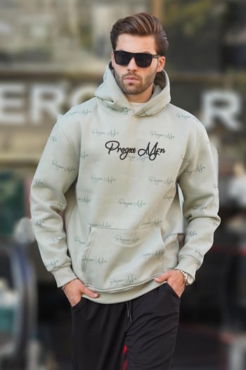 Çağla Yeşili Baskılı Kapşonlu Cep Detaylı Erkek Sweatshirt 7075