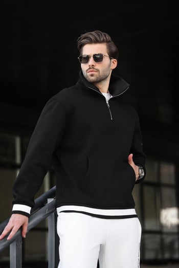 Siyah Fermuarlı Dik Yaka Kanguru Cep Erkek Sweatshirt E7159