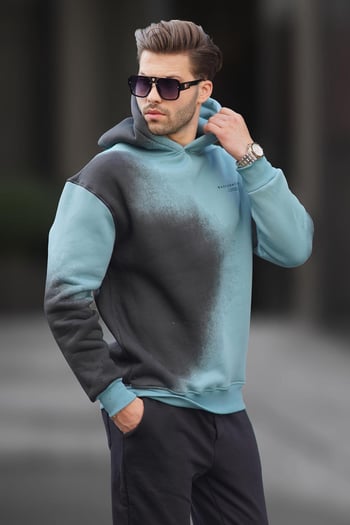 Mavi Baskılı Kapşonlu Soluk Kumaşlı Oversize Erkek Sweatshirt 7051